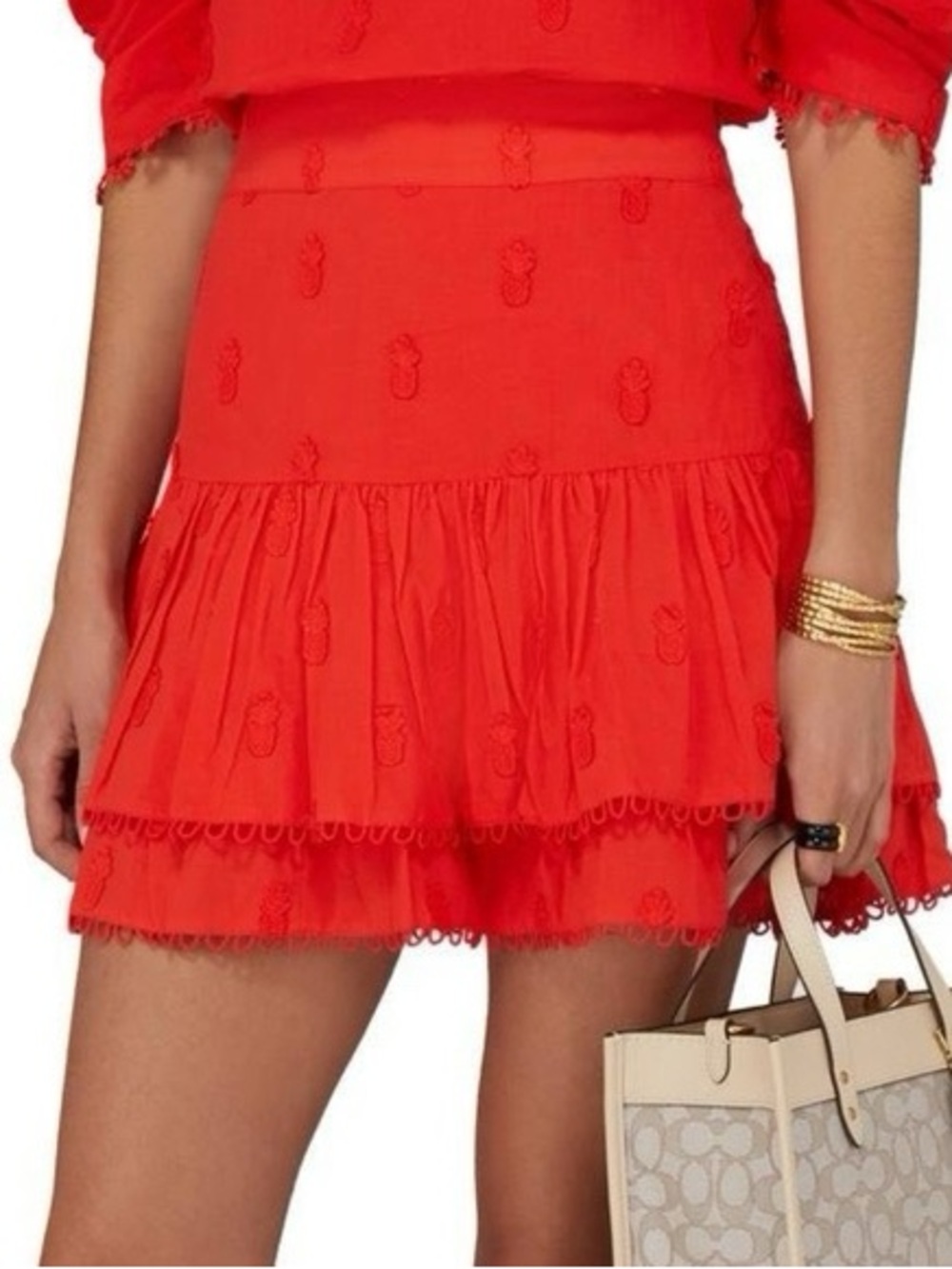 Farm Rio Red Orange 3D Pineapple Embroidered Tiered Eyelet Mini Skirt Size Small